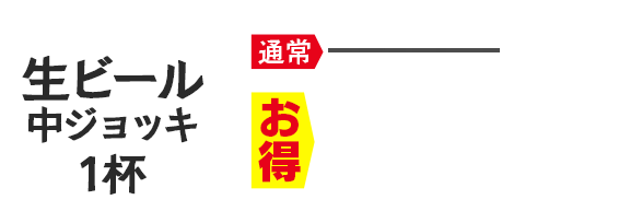 生ビール中ジョッキ1杯 350円（税込385円）